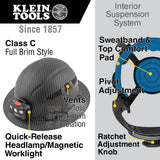 Klein Tools 60347 Hard Hat, Vented Full Brim, Class C, Premium KARBN Pattern, Rechargeable Lamp, Padded Sweat-Wicking Sweatband, Top Pad Klein Tools