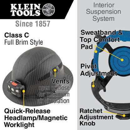 Klein Tools 60347 Hard Hat, Vented Full Brim, Class C, Premium KARBN Pattern, Rechargeable Lamp, Padded Sweat-Wicking Sweatband, Top Pad - WoodArtSupply