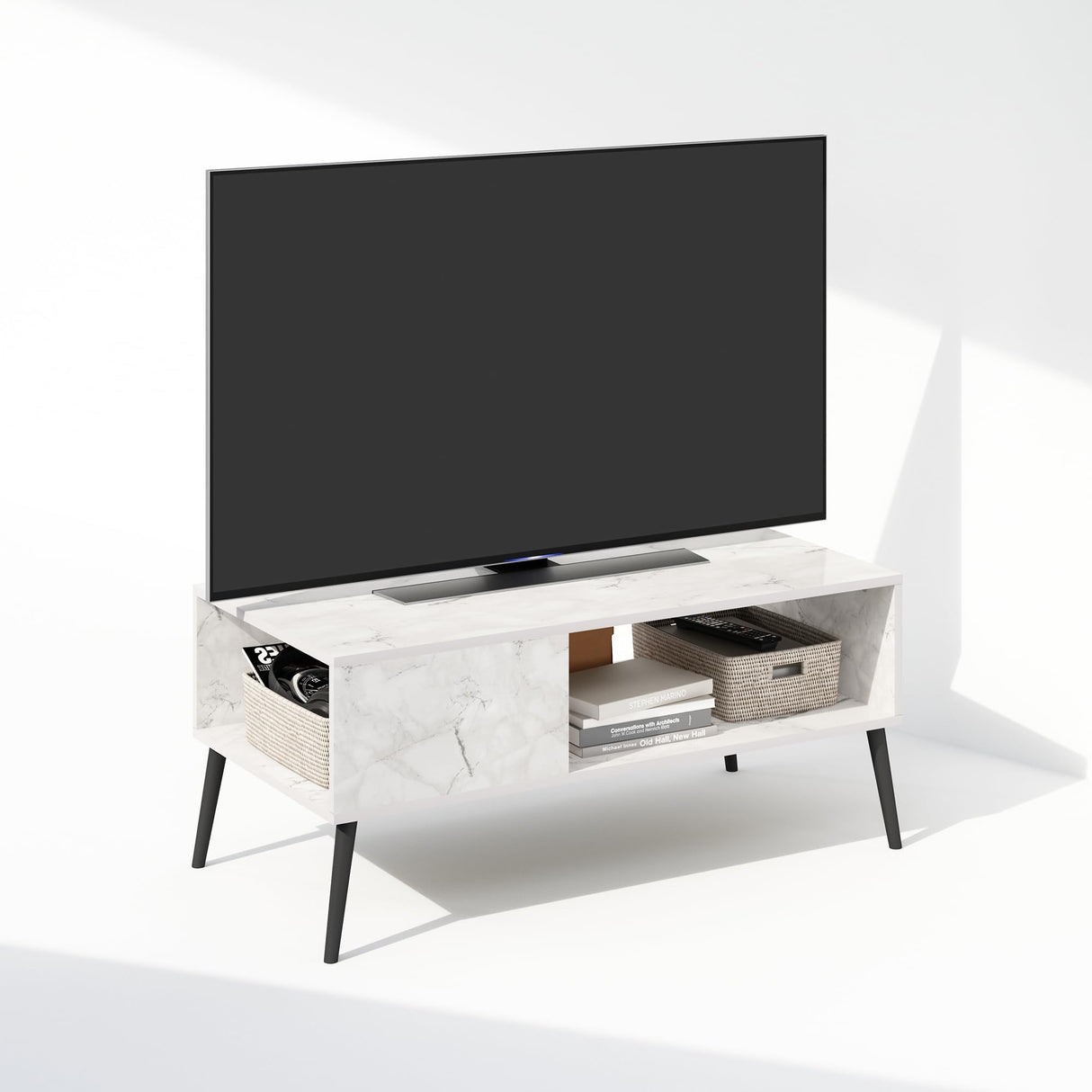 Furinno Claude Mid Century Style TV Stand for TV up to 40 with Wood Legs, Marble White Furinno