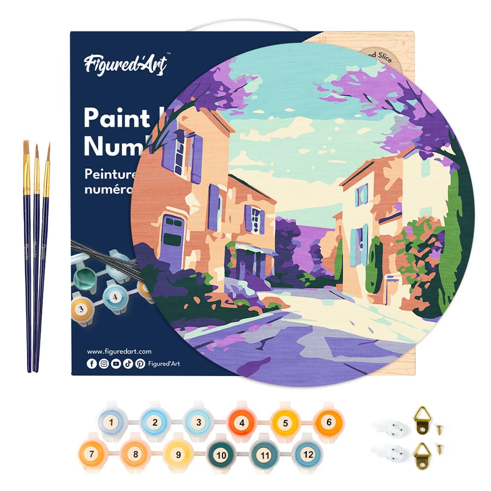 Figured'Art Paint by Numbers Kit for Adults on Wood Slice, 11.8in Diameter - Provence Spring - Craft Art Painting DIY Canvas Figured'Art