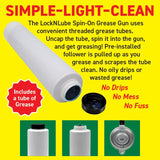 LockNLube Spin-On Pistol-Grip Grease Gun Kit. Includes: 1 Tube Grease, The Grease Coupler Plus a Heavy-Duty 20" Grease Hose and in-line Hose Swivel. LockNLube