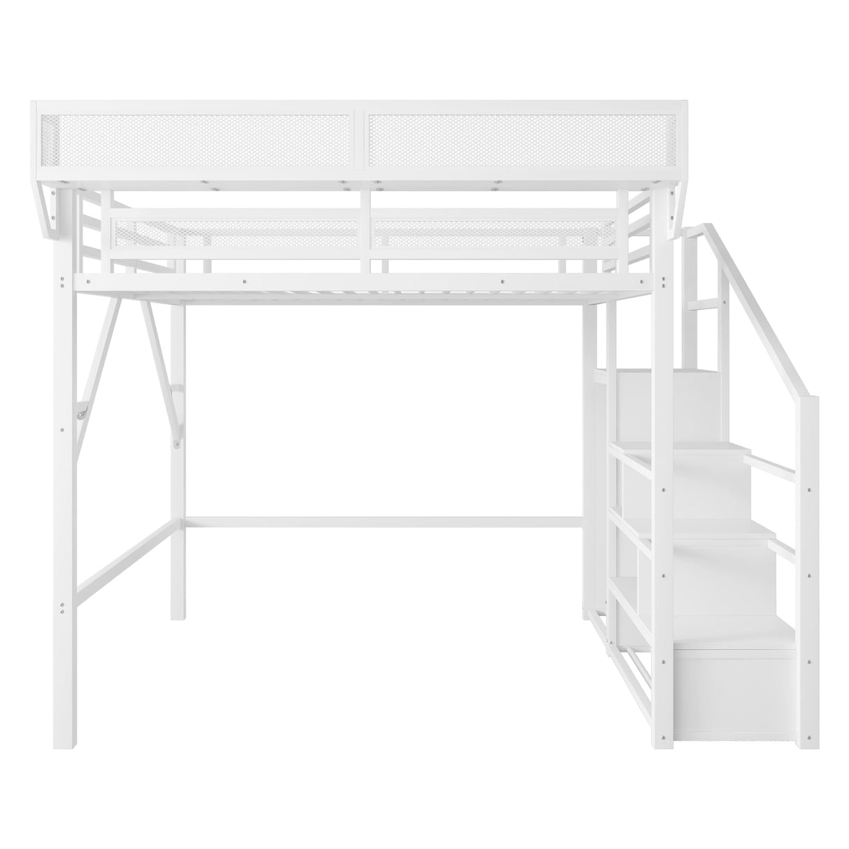Mirightone Full Size Loft Bed with Stairs and Storage, Metal Loft Bed Frame with Bedside Shelf and Large Under-Bed Space, Heavy-Duty Loft Beds for Adults Teens and Kids, White Mirightone