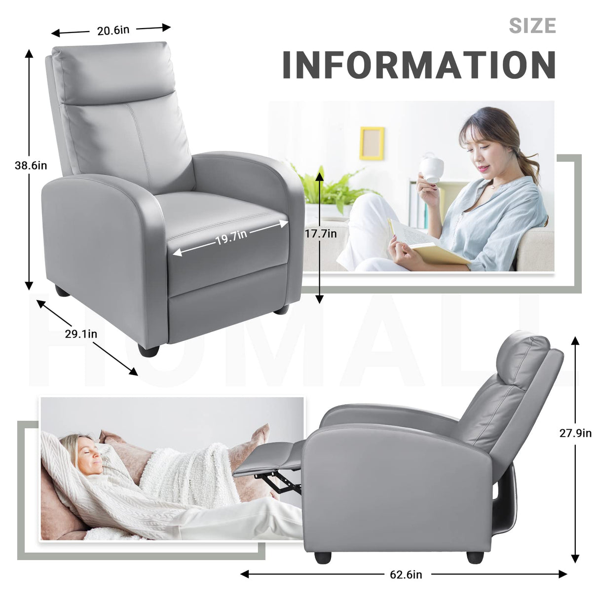 Homall Recliner Chair, Recliner Sofa for Adults, Recliners Home Theater Seating with Lumbar Support, Reclining Sofa Chair for Living Room (Leather, Grey) Homall