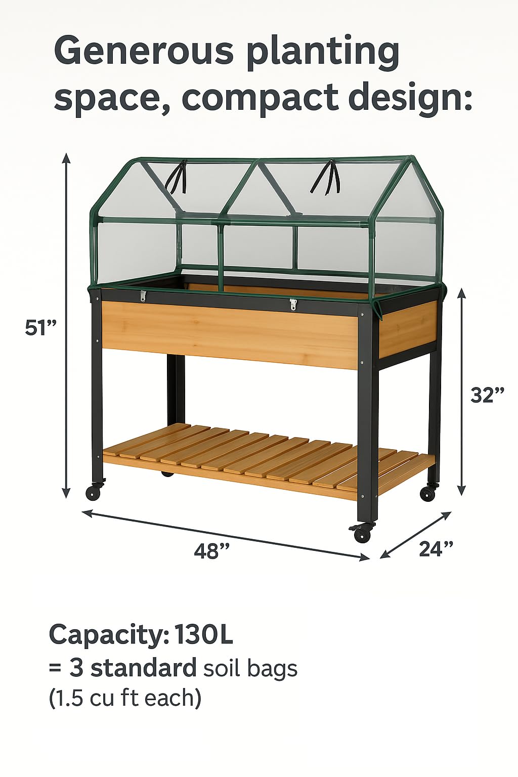 GOJ Raised Garden Bed Wood 48x24x32 inch with Greenhouse & Lockable Wheels - Elevated Wood Planter Box for Outdoors Vegetable Flower Bed Herb Planter - 400 lbs Capacity GOJ YOUR GARDEN, OUR PASSION