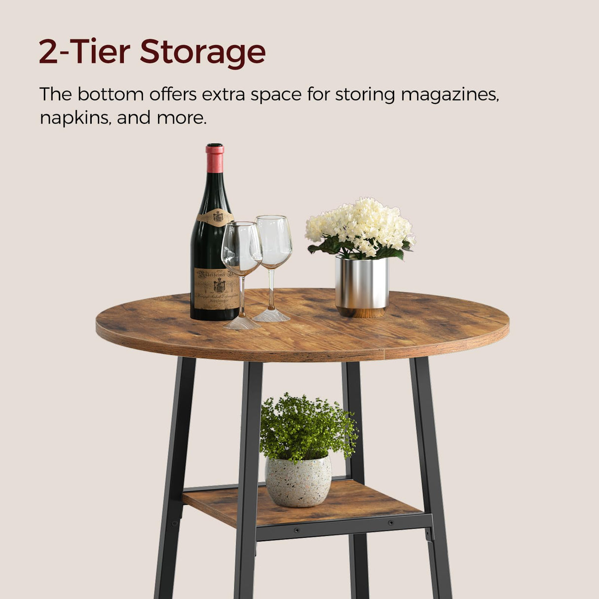 MAHANCRIS Round Bar Table, 37.4" High Pub Top Table with Footrest, 2-Tier Counter Height Cocktail Tables with Storage, Bistro Table for Small Spaces, Easy to Assemble, Rustic Brown BTHR12501N1 MAHANCRIS