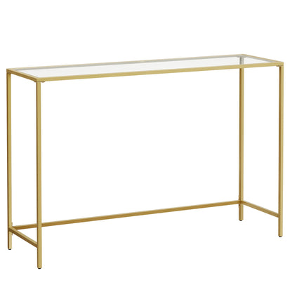 VASAGLE 47.2 Inches Console Table, Tempered Glass Sofa Table, Modern Entryway Table, Sturdy Metal Frame, Easy to Assemble, Adjustable Feet, for Living Room, Hallway, Gold Color ULGT036A01