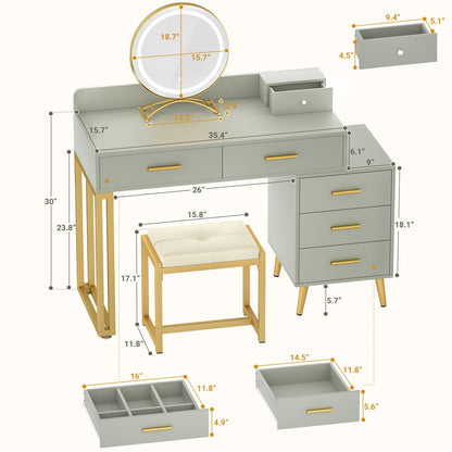 Vanity Desk with Mirror and Lights, Modern Makeup Vanity Table Set with 6 Storage Drawers and Cushioned Stool for Bedroom, Dressing Table with Divided Organizers for Women Girls, Cyan - WoodArtSupply