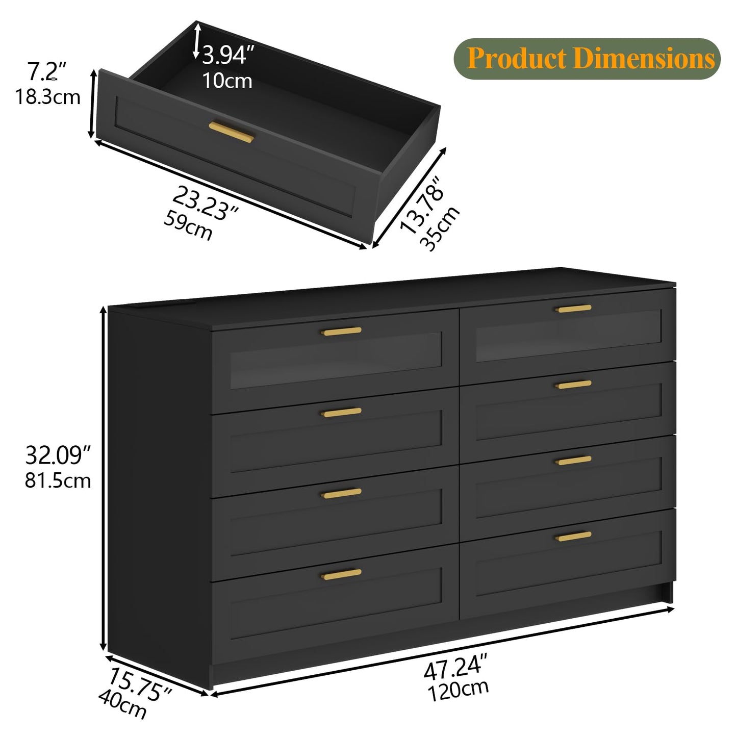 8 Drawers Dresser with Charging Station, White Dresser for Bedroom with LED Lights, Modern Chest of Drawers for Closet, Double Wide Dresser Organizer for Bedroom, Living Room, Entryway (Black)