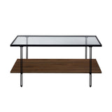 Nathan James Asher Mid-Century Rectangle Coffee Table Glass Top and Wood Finish Storage Shelf with Metal Legs, Walnut/Black Nathan James