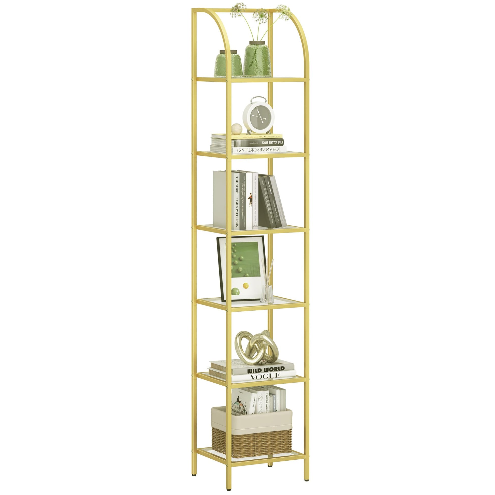 Hzuaneri Gold Arched 6-Tier Tempered Glass Bookshelf for Elegant Storage - WoodArtSupply