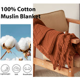 Simple&Opulence Cotton Muslin Throw Blanket for Bed, Couch, Knit Woven Gauze Blanket with Tassels, Soft Lightweight Cozy Pre-Washed Breathable Farmhouse Decoration for All-Season (Rust Orange) Simple&Opulence