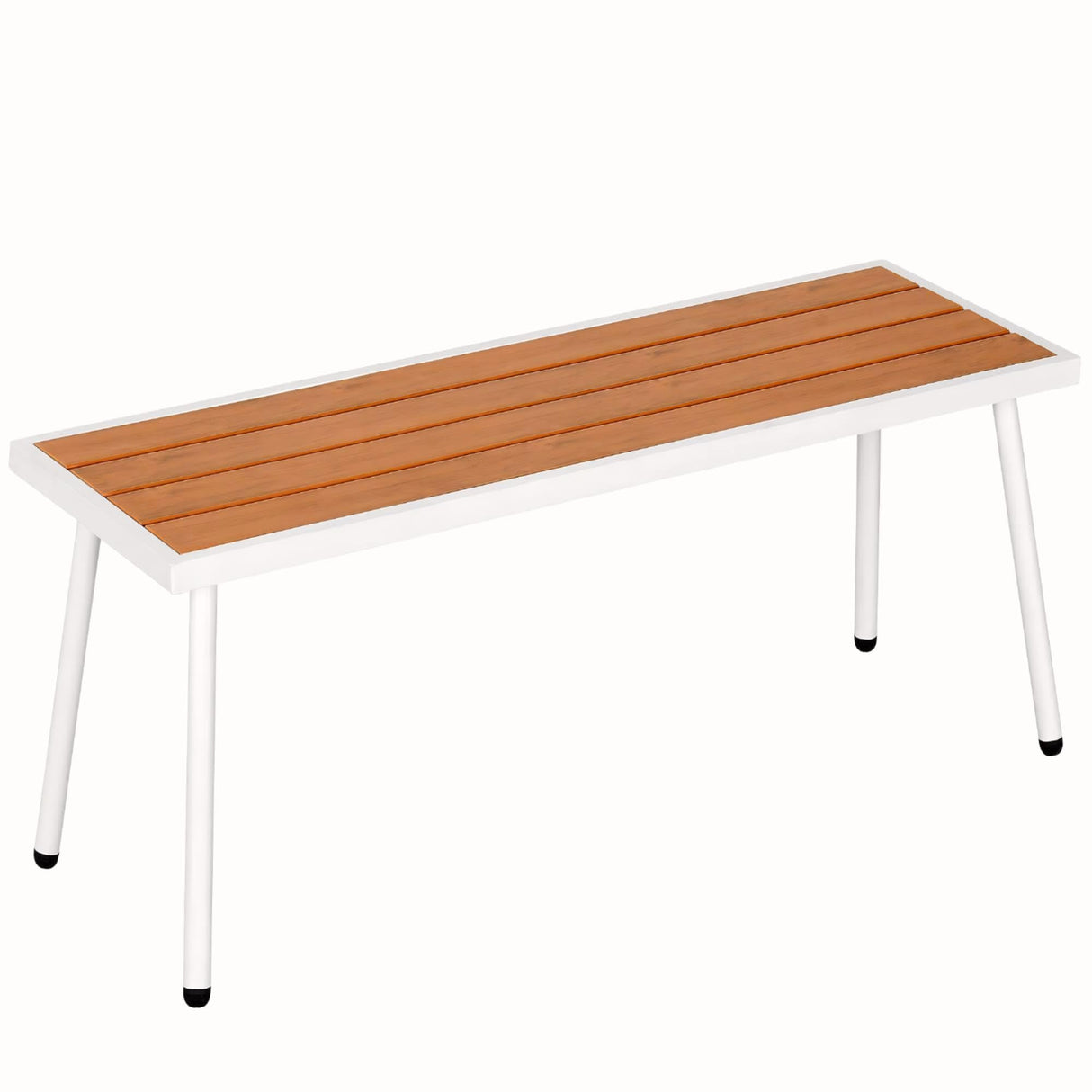 YITAHOME Outdoor Faux Wood Bench, Weatherproof Patio Bench with Slatted for 3, Backless Seat and Metal Frame, Outside Dining Bench for Garden, Porch, 47.2 x 15.7 x 17.7 Inch - Teak & White YITAHOME