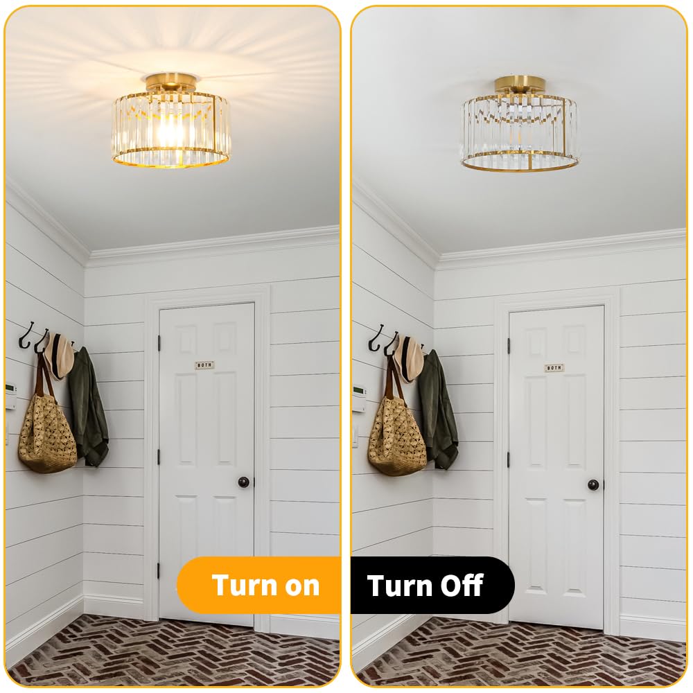 Crystal Ceiling Light Fixture, Modern Semi Flush Mount Ceiling Light, Gold Hallway Lighting Fixtures Chandelier for Kitchen, Close To Ceiling Light Fixtures for Entryway Bedroom, 1-Light, 11Inch Lxybcce