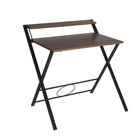 FurnitureR 31.9'' Folding Desk 2 Tier Foldable Writing Table Assembly Saves Space for Home Office Study, Metal Frames/Wood Top Laptop Table Computer Desk, Industrial Brown FurnitureR