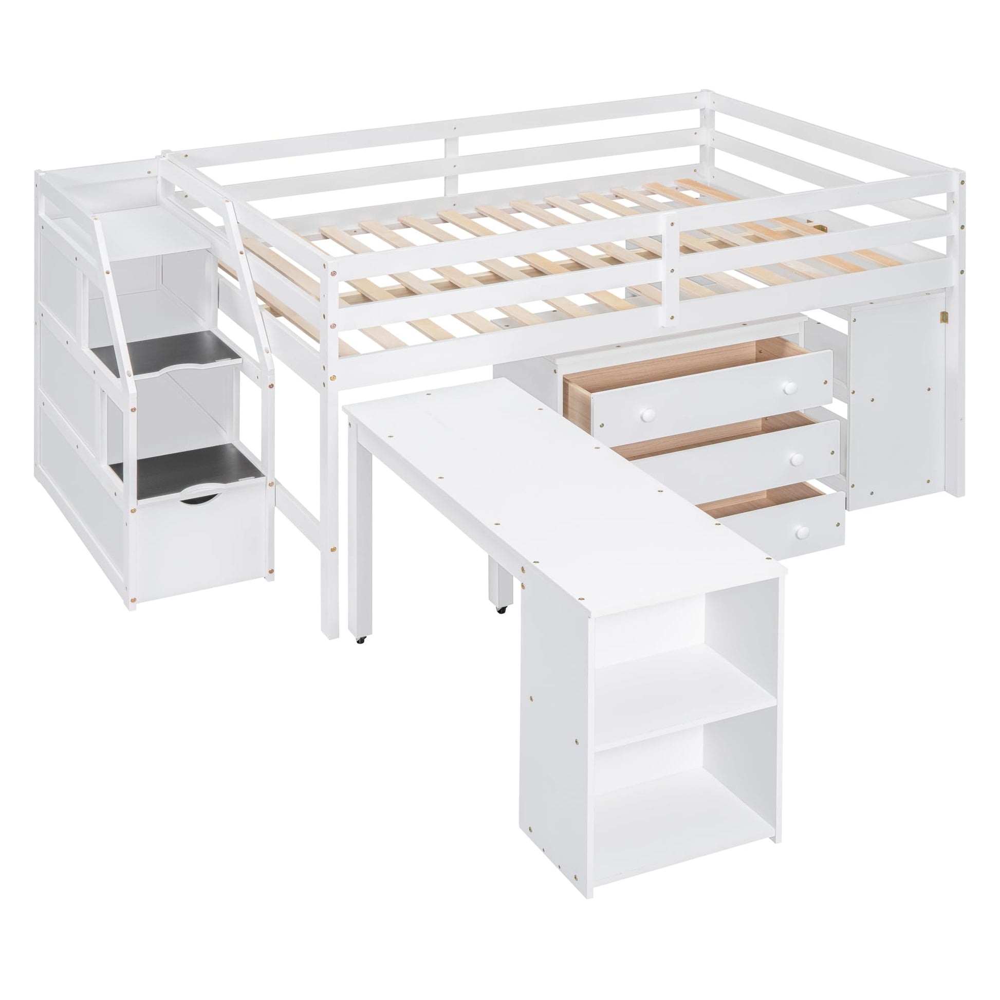 Full Size Low Loft Bed with Storage and Rolling Desk by Harper & Bright Designs - WoodArtSupply