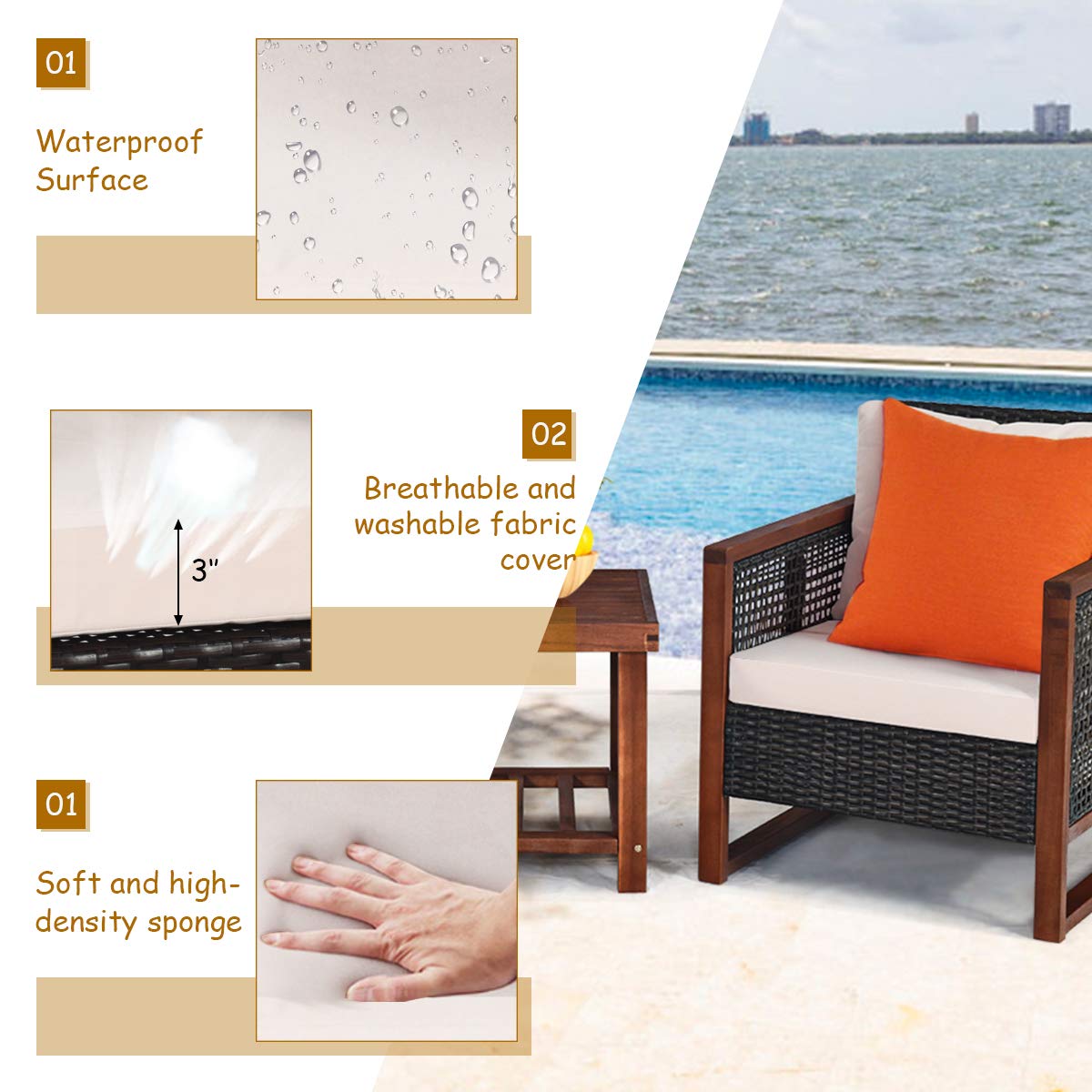 Tangkula 3 Pieces Patio Wicker Furniture Set, Rattan Outdoor Sofa Set w/Washable Cushion & Acacia Wood Coffee Table, Conversation Bistro Set for Garden Balcony Backyard (Beige) Tangkula