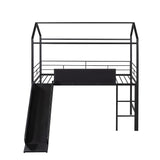 Twin House Loft Beds with Slide and Chalkboard, Low Loft Bed Twin Size, Metal House Bed with Guardrail and Ladder, Metal Twin Size Loft Bed for Kids Teens Girls Boys (Twin, Black) Harper & Bright Designs