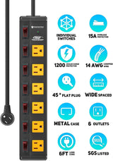 CRST 6 Outlet Metal Heavy Duty Power Strip with Individual Switches, 6FT Wide Spaced Garage Power Strip, Mountable Power Strip Surge Protector (1200 Joules), 15amp/1875W, 14AWG SJT Power Cord CRST