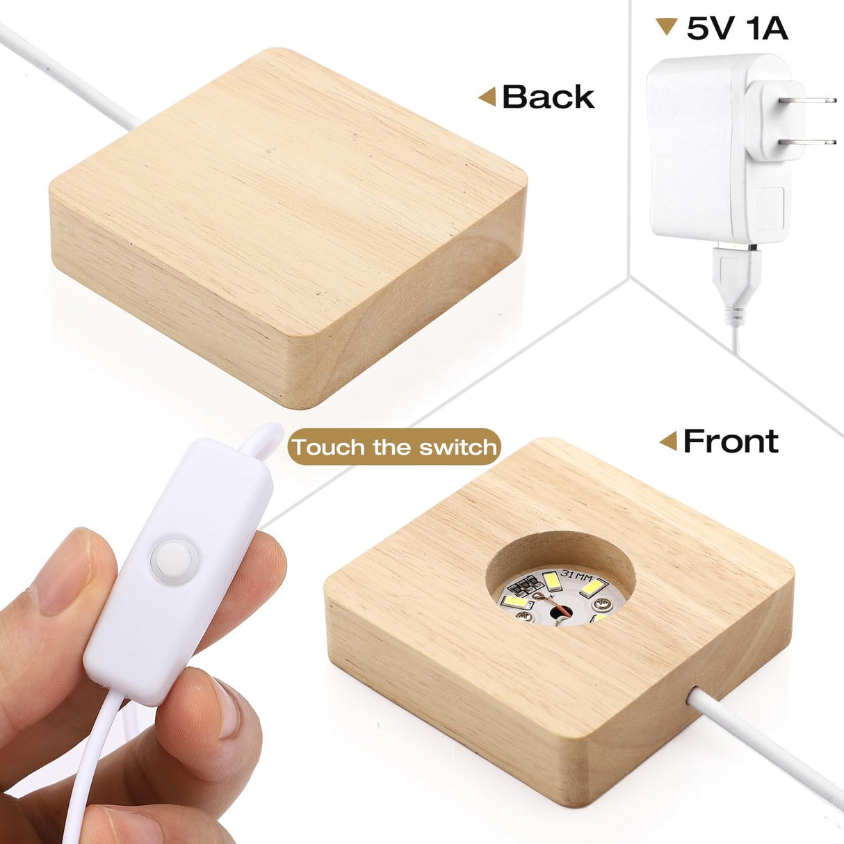 Facmogu Wooden LED Light Display Base with Power Adapter DC 5V 1A, USB Powered White Light LED Display Base Stand with 6 LEDs, 6 LED Lights Base for 3D Crystal Laser Glass Resin Art Warm Light Square Facmogu