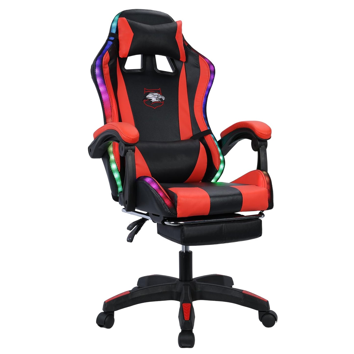 Gaming Chair with Compatible Speakers and RGB LED Lights, Ergonomic Massage Computer Gaming Chair with Height Adjustable, Video Game Chair High Back with Lumbar Support (Black & Red)