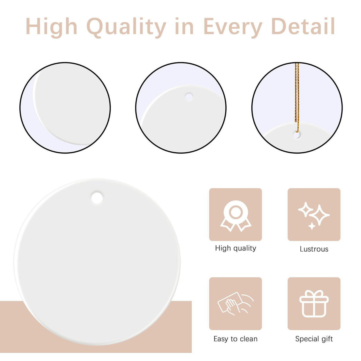 25 PCS Sublimation Ceramic Ornament Blank 3 inch White Round Christmas Ceramic Decoration Crafting DIY Personalized Home Decor Bulk Two-Sided Printed ORJ