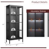 Kubohogar Display Cabinet with Glass Doors, 66" Curio Cabinet with 3 Color Lights, 4 Tier Display Case for Collectibles, Black Metal Cabinets for Living Room Office Kubohogar