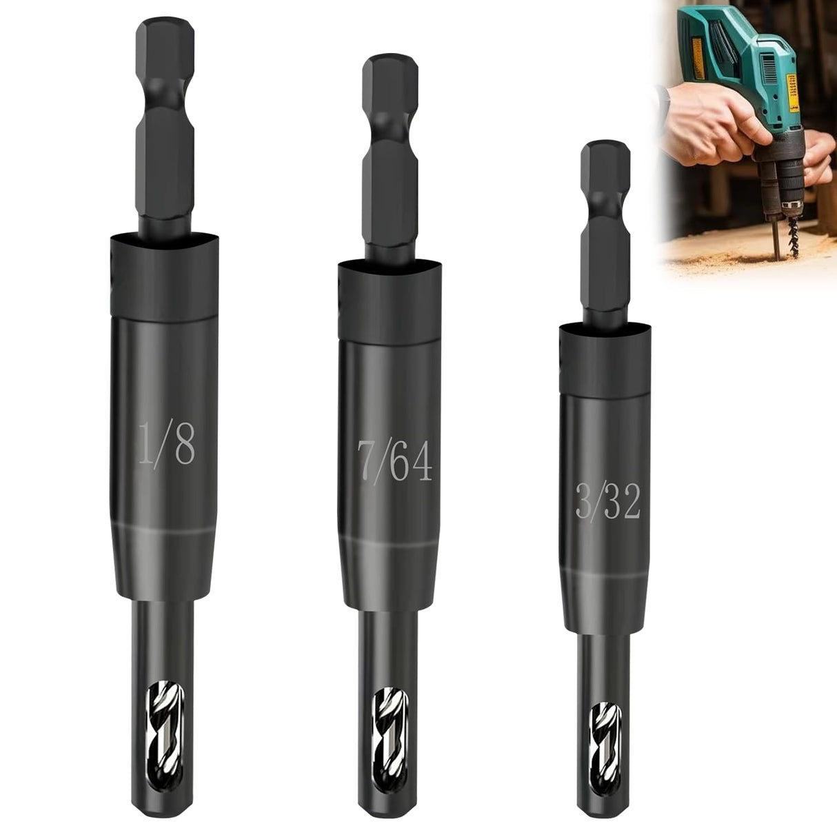 Upgraded CC2430 3/32", 7/64", 1/8" Self Centering Hing Drill Bit Set VIX Bit for 1/4 in Clic-Change Hex Shank Drill, #6 8 10 Center Finding Drill Bit, 3 Piece jiuoici