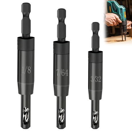 Upgraded CC2430 3/32", 7/64", 1/8" Self Centering Hing Drill Bit Set VIX Bit for 1/4 in Clic-Change Hex Shank Drill, #6 8 10 Center Finding Drill Bit, 3 Piece jiuoici