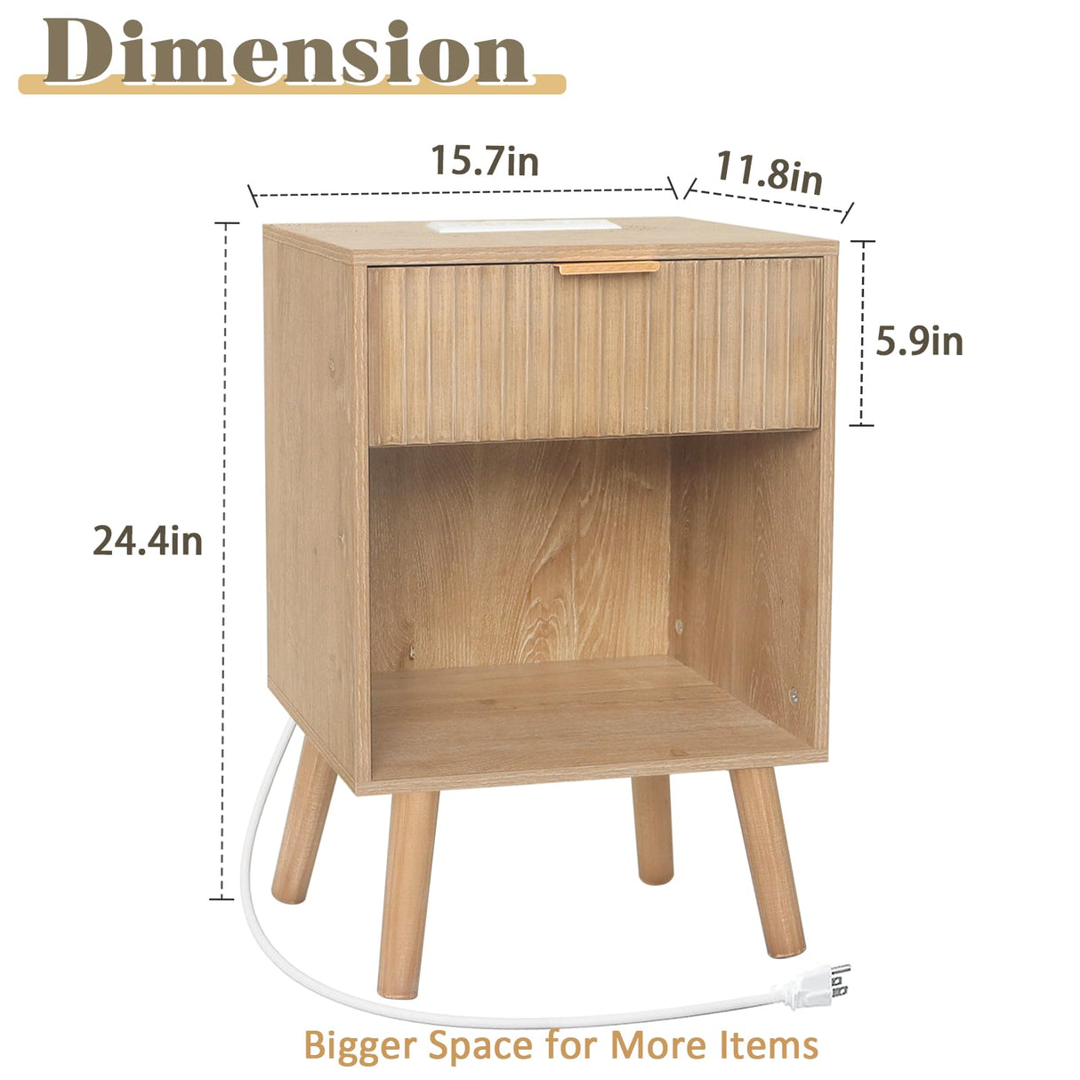 Fultyle Wood Nightstand with Charging Station, Bedside Table with Fluted Drawers and Outlet, Boho Night Stand for Bedroom, Living Room, Office (Rustic Walnut) Fultyle