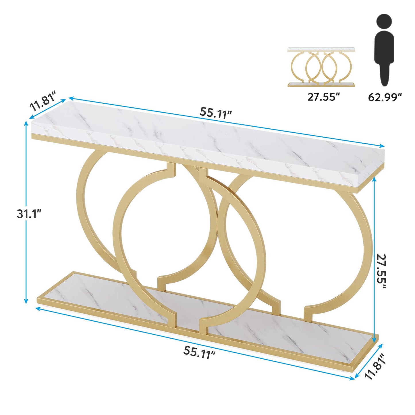 Tribesigns Gold Console Table, 55 inch Faux Marble Entryway Table Narrow Long Sofa Table, Modern Accent Table for Living Room, Entrance Table Geometric Metal Frame, White and Gold - WoodArtSupply