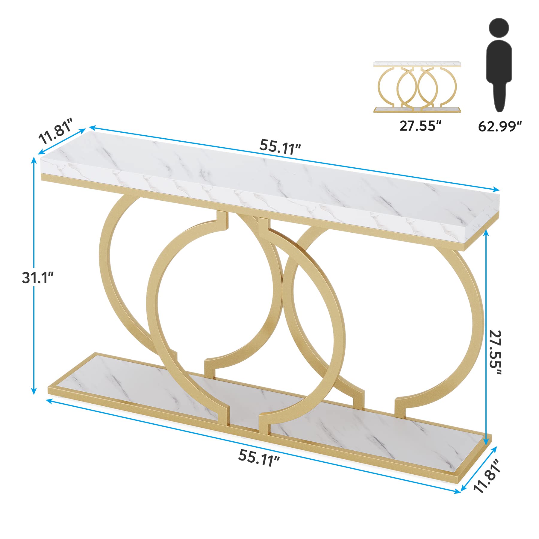 Tribesigns Gold Console Table, 55 inch Faux Marble Entryway Table Narrow Long Sofa Table, Modern Accent Table for Living Room, Entrance Table Geometric Metal Frame, White and Gold - WoodArtSupply