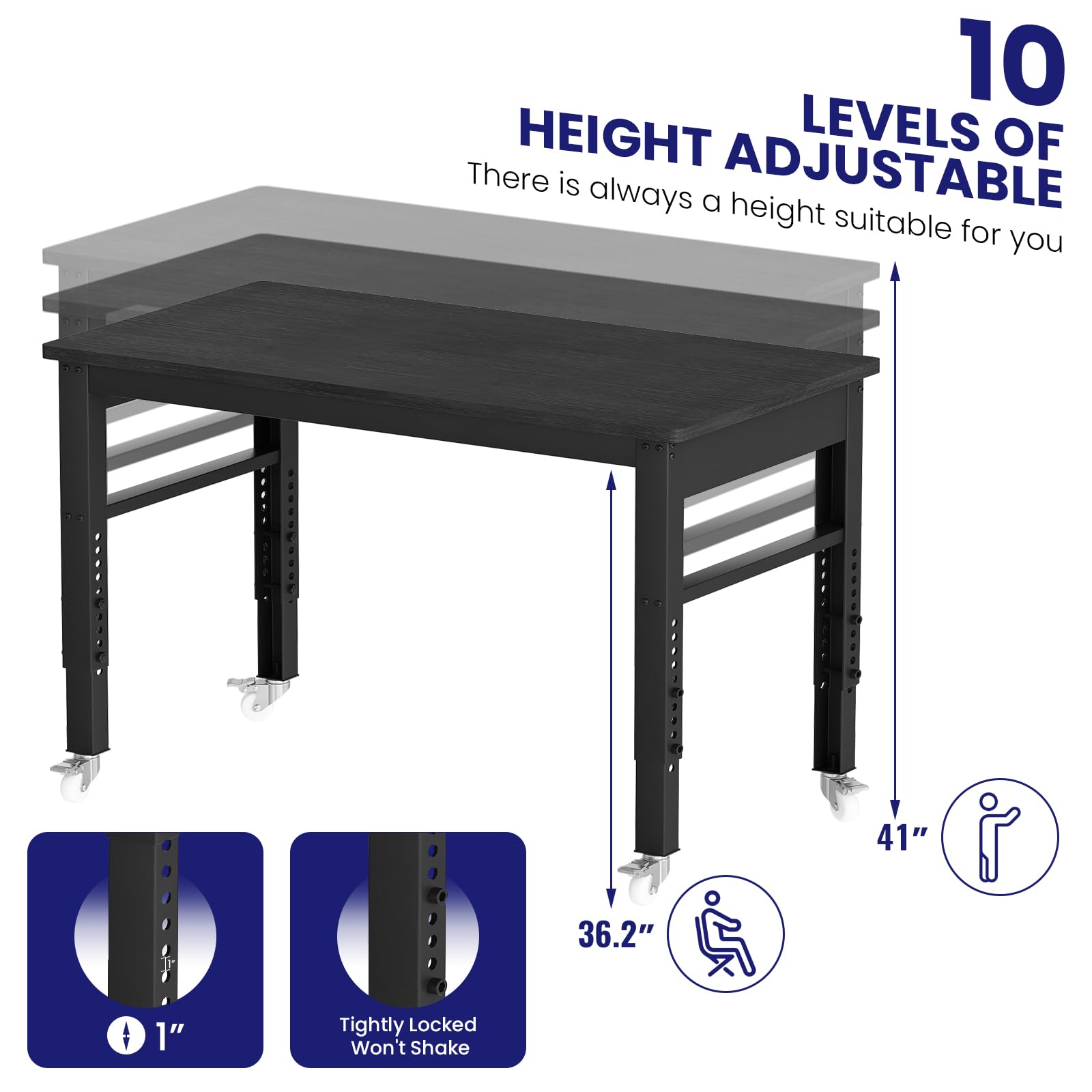 DKLGG 2000Lbs Workbench Adjustable Height, 47.2" Heavy-Duty Work Bench Table Mobile Workbench with Lockable Casters, Multifunction Work Station for Garage, Workshop, Home, Office, Easy Assemb - WoodArtSupply