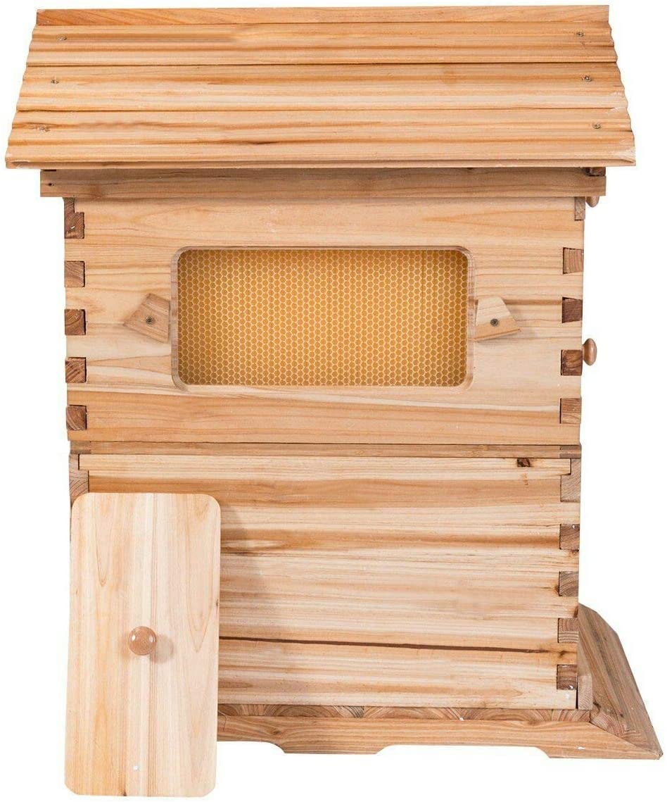 LWestine Bee Hives Wooden Beehive Kit Automatic Box with 7 Pieces Frames Auto Honey House for Beginning and Professional Beekeepers LWestine