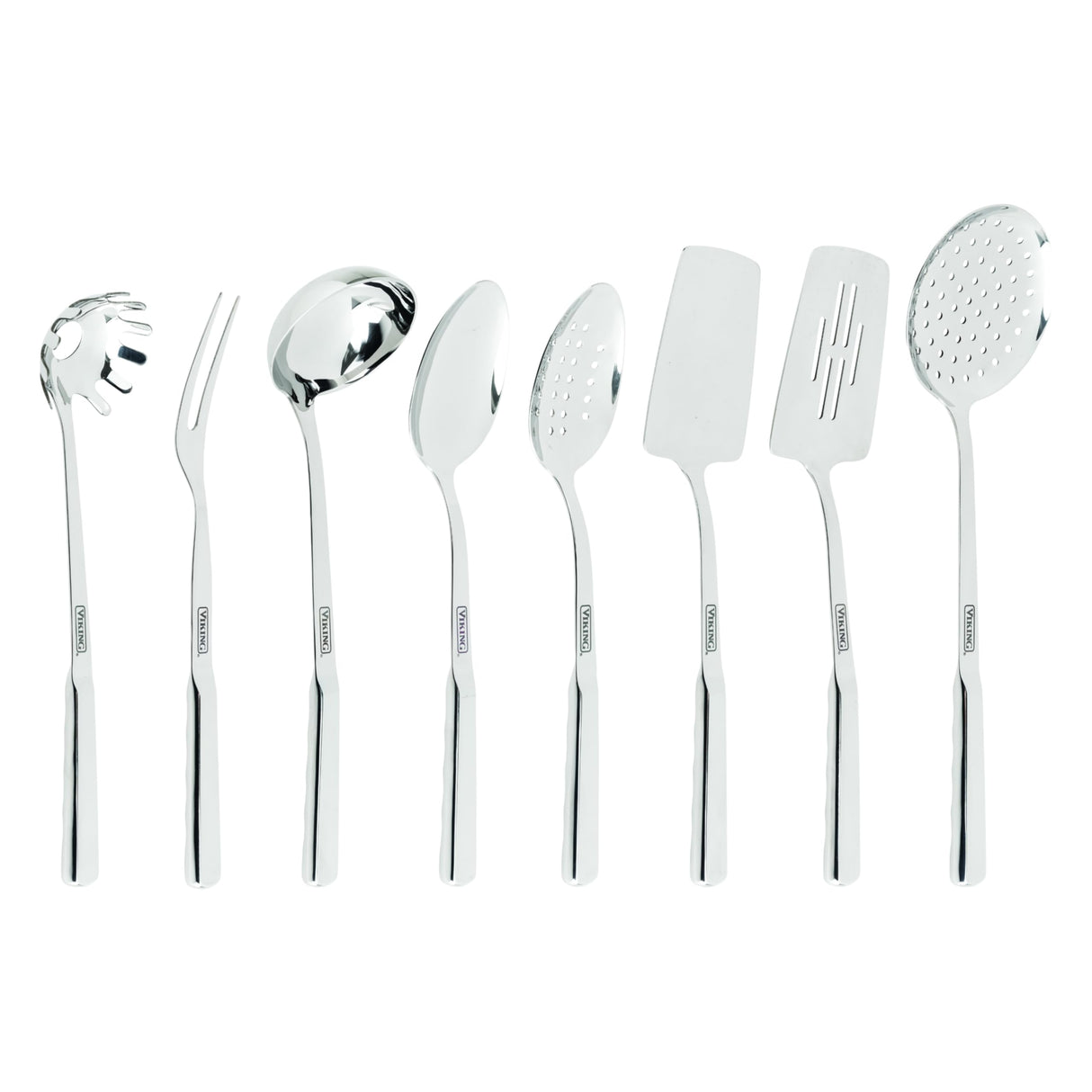 Viking Kitchen Utensils Set, 8 Piece Stainless Steel Cooking Utensil Set, Includes Spatulas, Spoons, Pasta Fork, Deep Ladle, Meat Fork, and Skimmer, Silver Viking