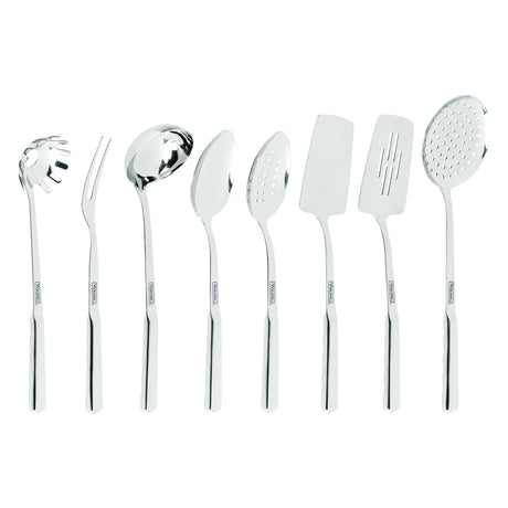 Viking Kitchen Utensils Set, 8 Piece Stainless Steel Cooking Utensil Set, Includes Spatulas, Spoons, Pasta Fork, Deep Ladle, Meat Fork, and Skimmer, Silver Viking