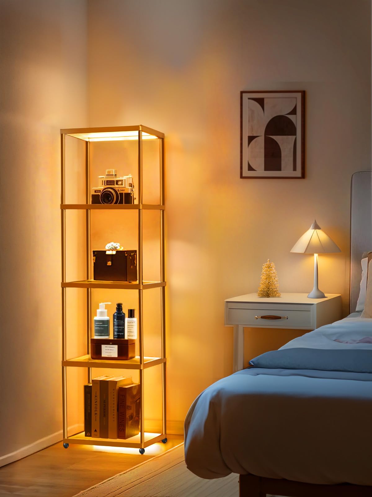 MANBUR Display Shelf with Dimmable LED Floor Lamp, Display Cabinet with Glass Bookcase, Home Decor, Bedroom Decor, Bookshelf with Light, Open Book Shelf with 5-Tier Shelf for Living Room Decor Gold MANBUR