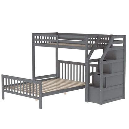 Twin Over Full Solid Wood Bunk Bed with Storage Stairs in Grey - WoodArtSupply