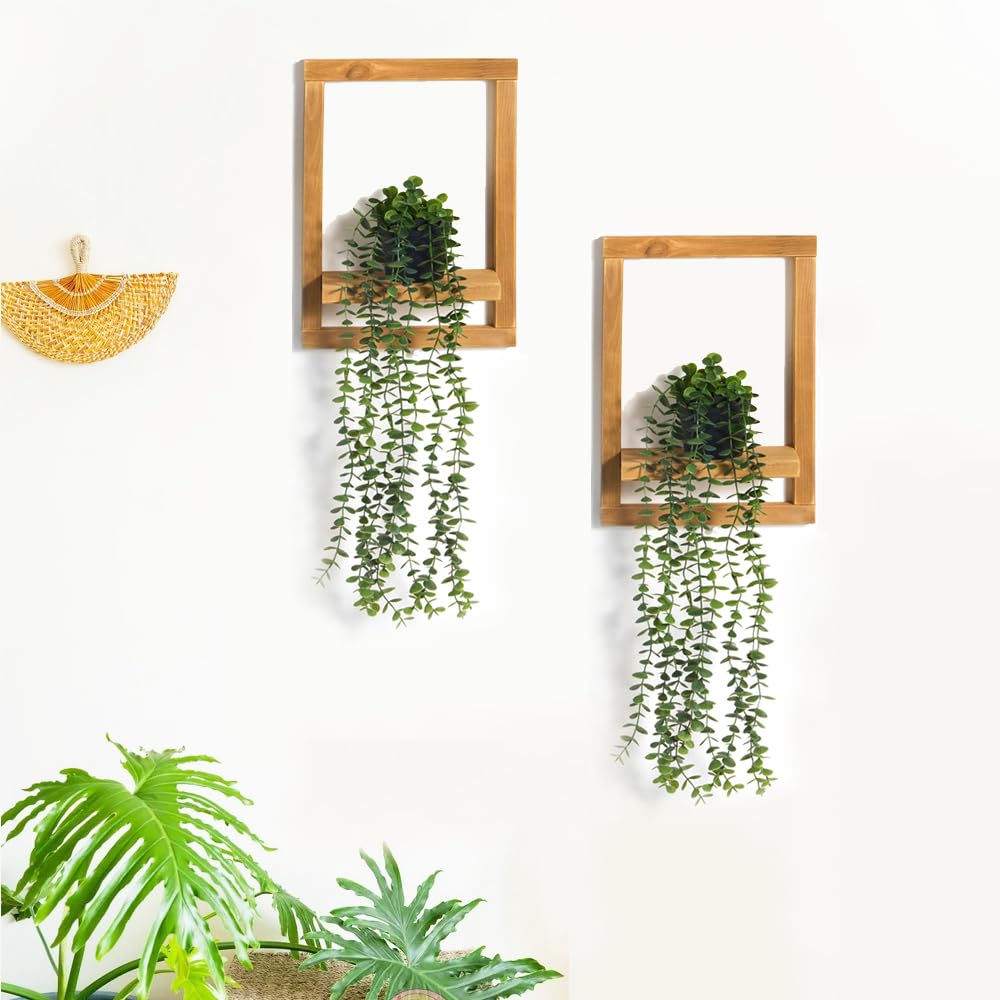 Mokof 2 Pack Wooden Shelves with Fake Hanging Plants for Wall Decor, Modern Farmhouse Wood Wall Art for Living Room, Bathroom (Light Brown) Mokof