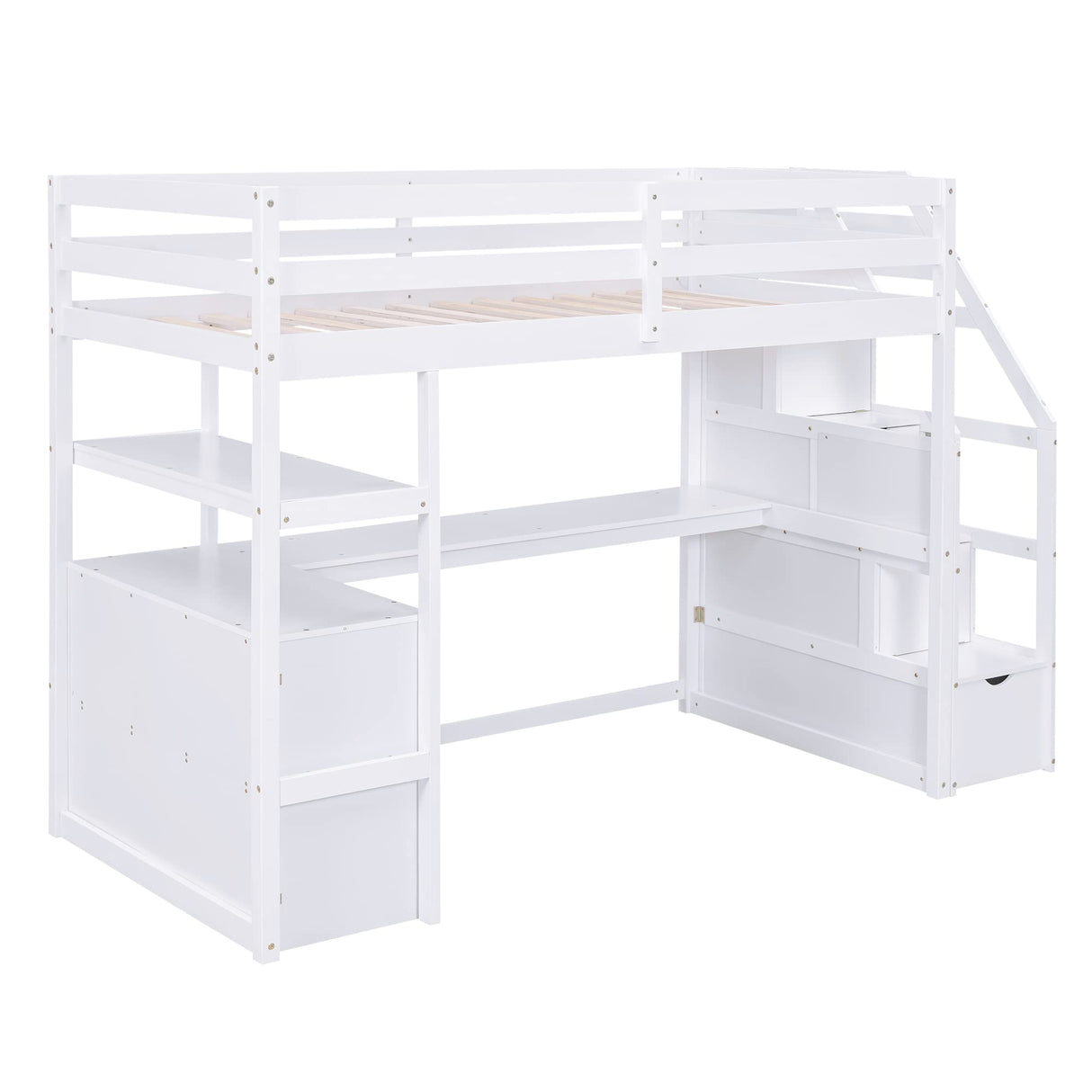 Twin Loft Bed with Storage Staircase and Desk, Wood Twin Size Loft Bed with Shelves and 2 Drawers, Loft Bed with Step for Kids Boys Girls Teens, White Harper & Bright Designs