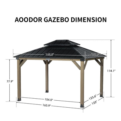 Aoodor 12 x 14 ft. Wood Gazebo,Outdoor Upgrade Cedar Wooden Frame Gazebo with 2-Tier Galvanized Steel Roof, for Patio Backyard Deck and Lawns - Light Grey