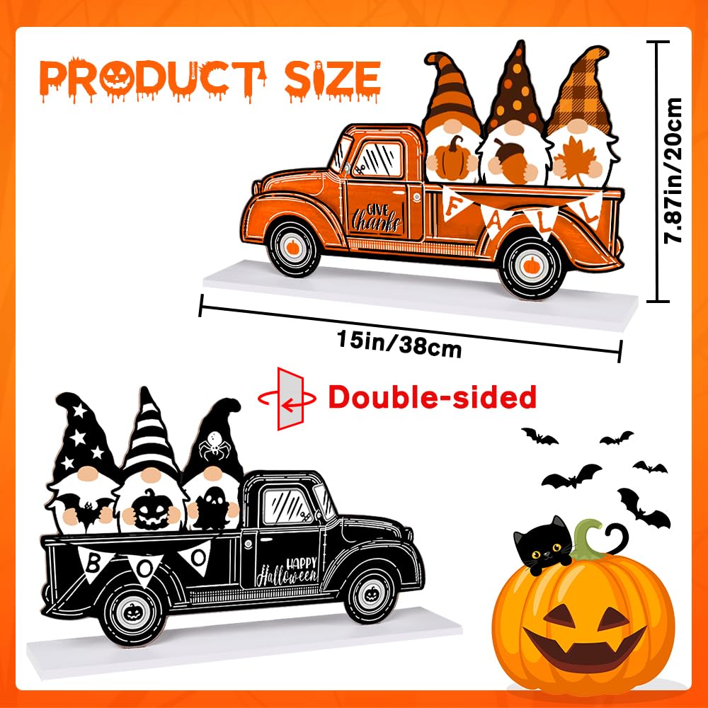 DULEFUN Halloween Fall Wooden Table Sign Decorations Double-sided Halloween and Thanksgiving Gnome Truck Sign Tabletop Ornaments for Autumn Harvest Party Home Farmhouse Decorations Supplies DULEFUN