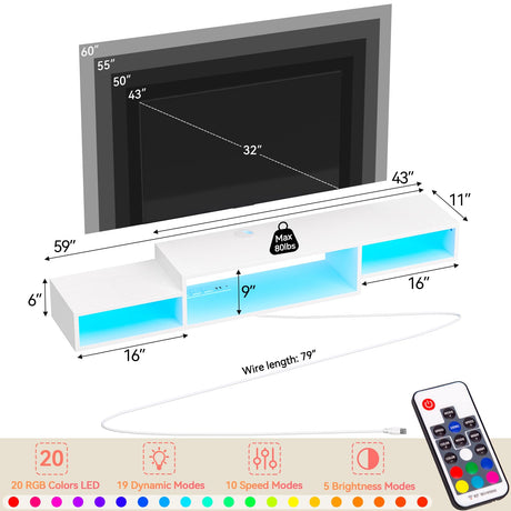 FABATO 59'' Floating TV Stand with LED Light Power Outlet, Floating Shelf for Under TV Wall Mount with Storage Shelf, Media Console Entertainment Center for Living Room, White FABATO