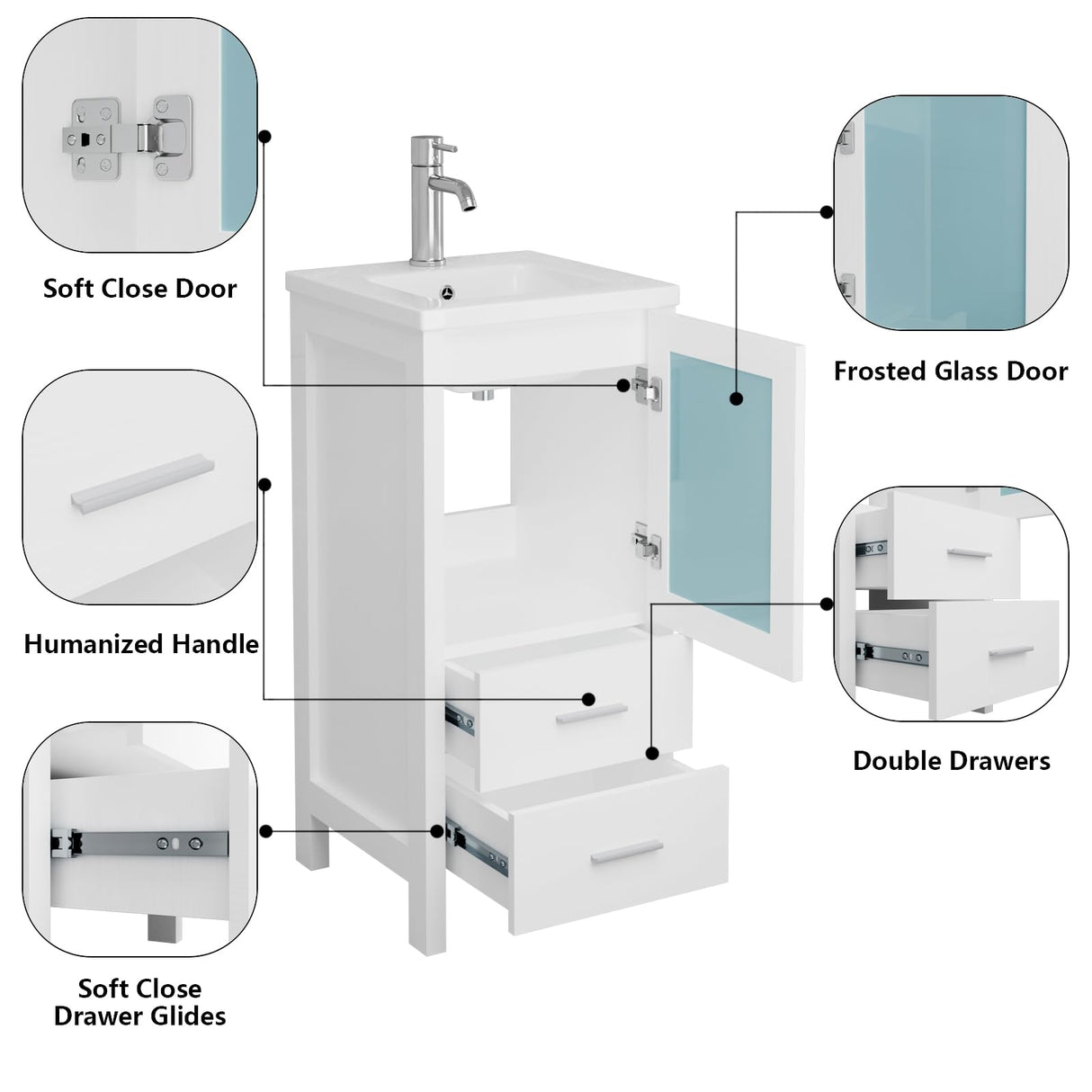 16" Small Bathroom Vanity with Sink, Single Sink Bathroom Vanity Combo for Small Space, Modern Bathroom Sink Cabinet with Faucet and Drain (White) amzzar