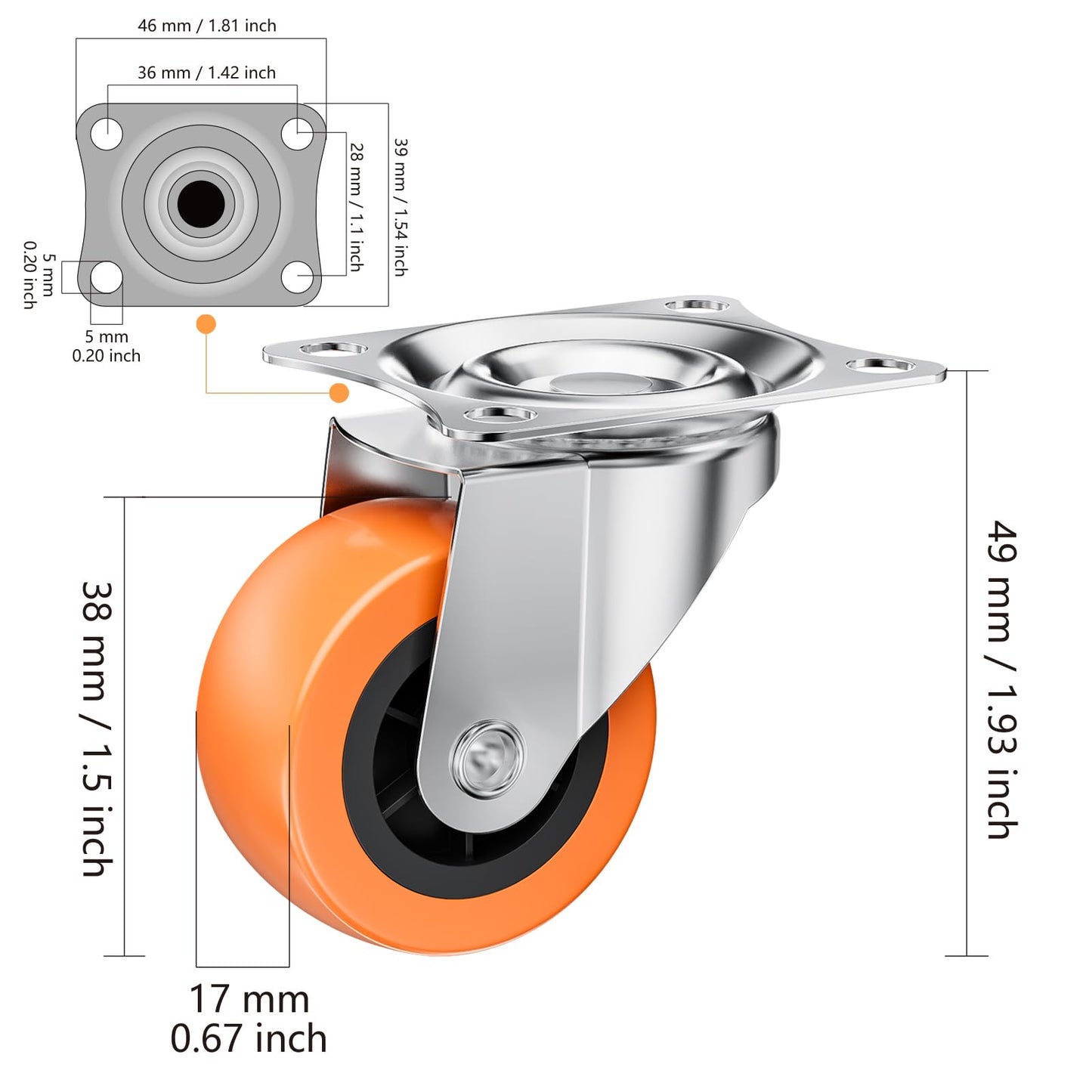 1.5 Inch Casters, ASHGOOB Caster Wheels/Casters Set of 8, 360° Swivel Universal Plate Caster Wheels for Storage Box/Small Furniture/Kitchen Appliances, Orange Polyurethane (PU) Castors (8 Pack)