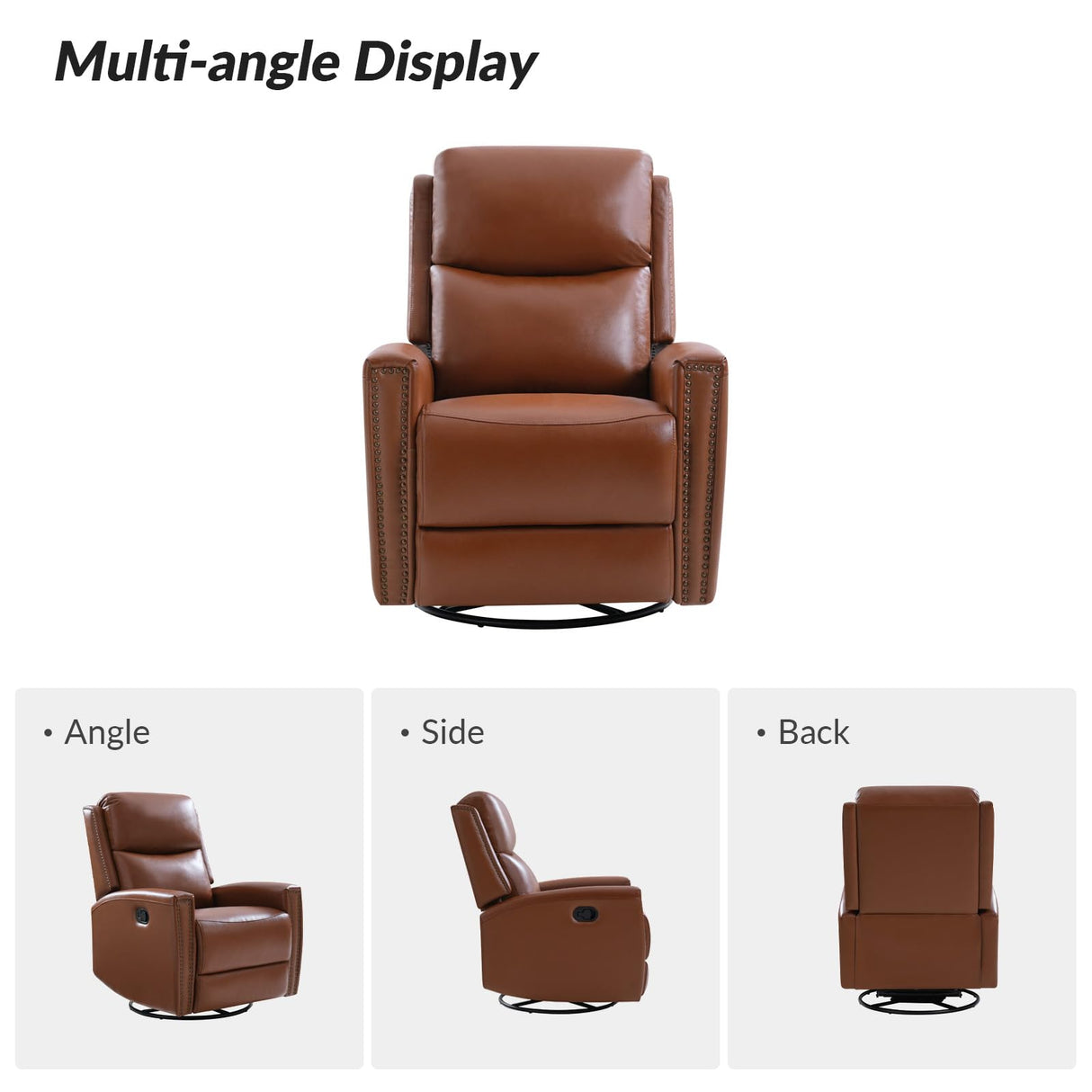 HULALA HOME Genuine Leather Swivel Rocker Recliner, Manual Glider Recliner Chair with Adjustable Backrest & Footrest, Modern Home Theater Sofa Armchair for Living Room Bedroom, Brown HULALA HOME
