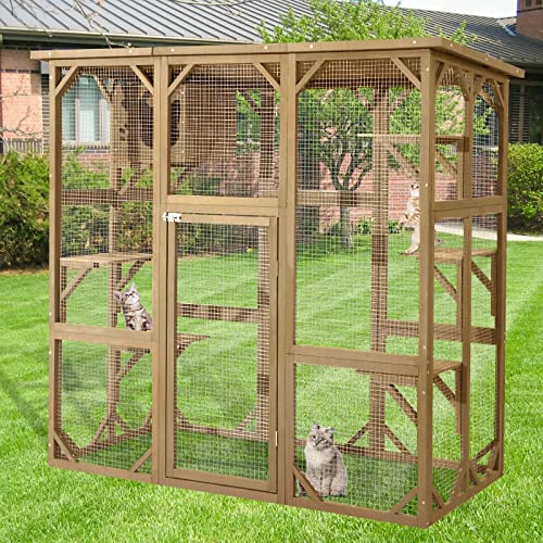 MAGIC UNION Large Fir Wooden Outdoor Indoor Catio Cat Enclosure with Weather Protection Roof with Cattery and 5 Platforms - WoodArtSupply