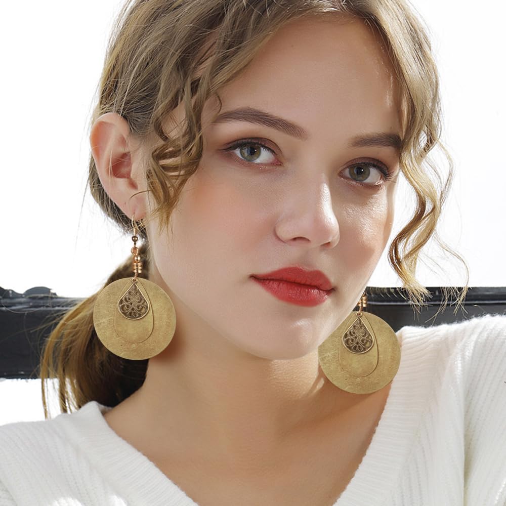 9 Pairs Boho Vintage Wooden Round Geometric Leather Earrings Retro Hollow Out Circle Earrings Big Lightweight Statement Jewelry Suitable for Women Hefanny