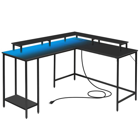 Panana L Shaped Computer Desk with LED Lights and Power Outlet, Reversible Corner Office Desk with Monitor Stand, L Shaped Gaming Desk for Home Office Bedroom (Black) Panana