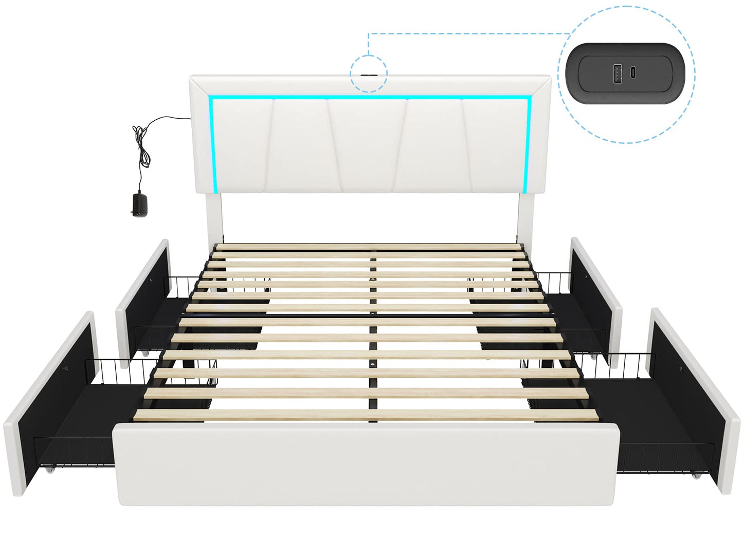 Modern DICTAC Full LED Upholstered Bed Frame with 4 Storage Drawers & USB Ports in White - WoodArtSupply