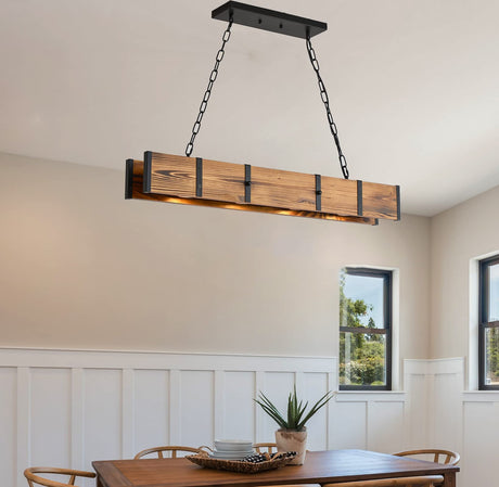 4 Lights Rustic Wood Chandelier with 5W LED Downlight Dimmable, Farmhouse Pendant Light Fixtures for Dining Room, Pool Table Light-39inches BAOURE